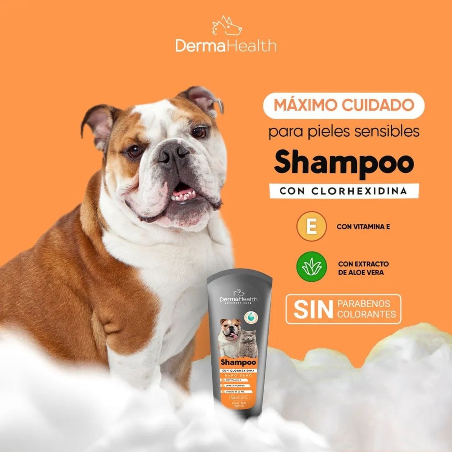 Derma Health – Shampoo con Clorhexidina 2% Baño medicado antiséptico y antibacteriano para perros y gatos
