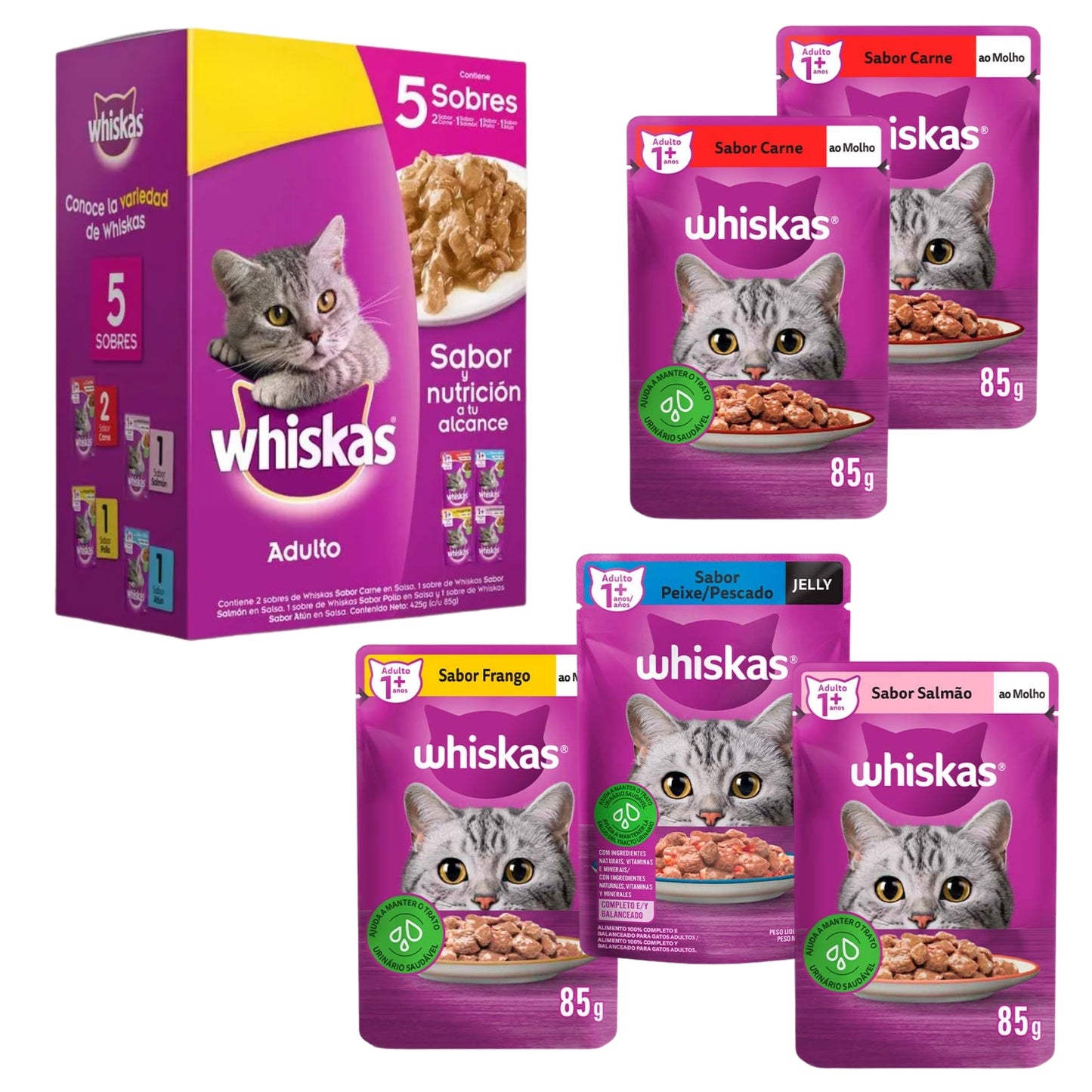 Whiskas Adulto Mix – Pack de 5 Sobres de Alimento Húmedo para Gatos (5 x 85 g)