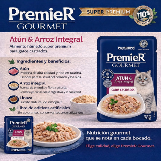 PremieR Gourmet Atún con Arroz Integral – Alimento Húmedo para Gatos Castrados - Cosmos