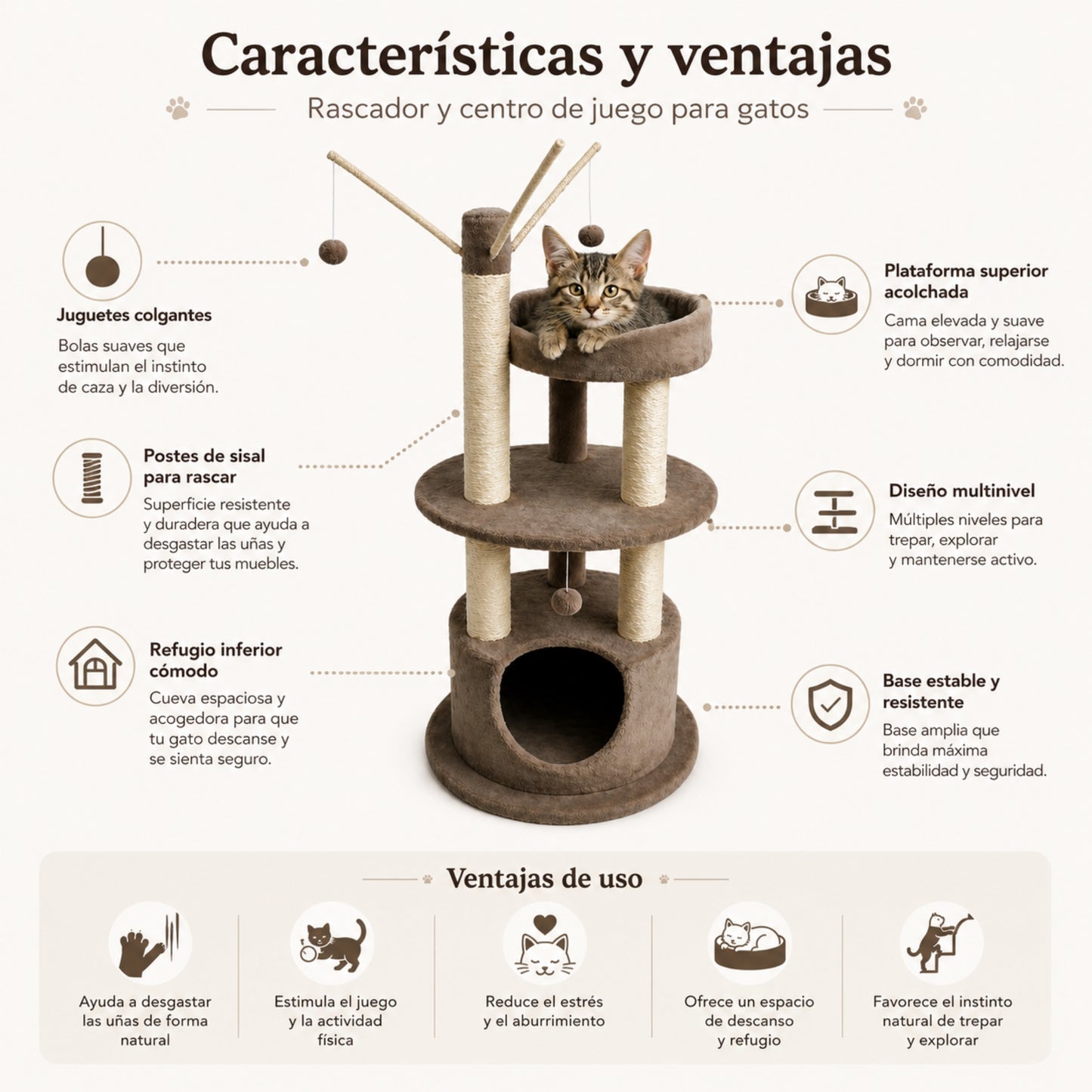 Rascador Grande para Gatos - Con Cueva y 3 niveles