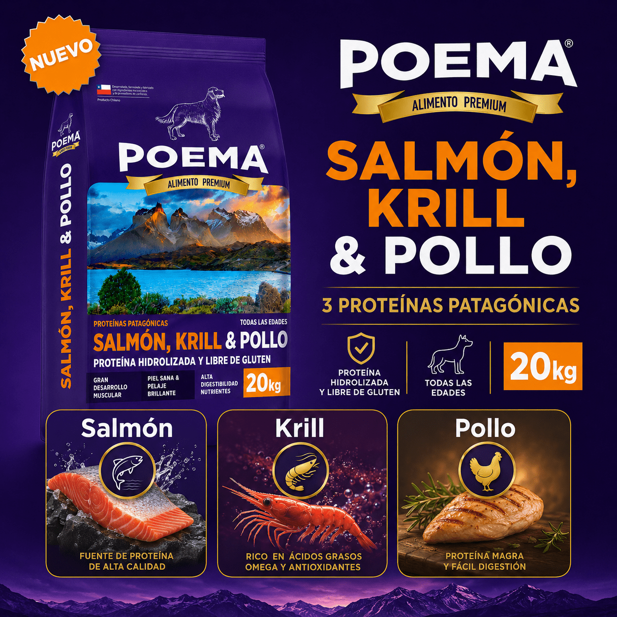Alimento SuperPremium Poema Proteínas Patagónicas – Salmón, Krill & Pollo - Cosmos