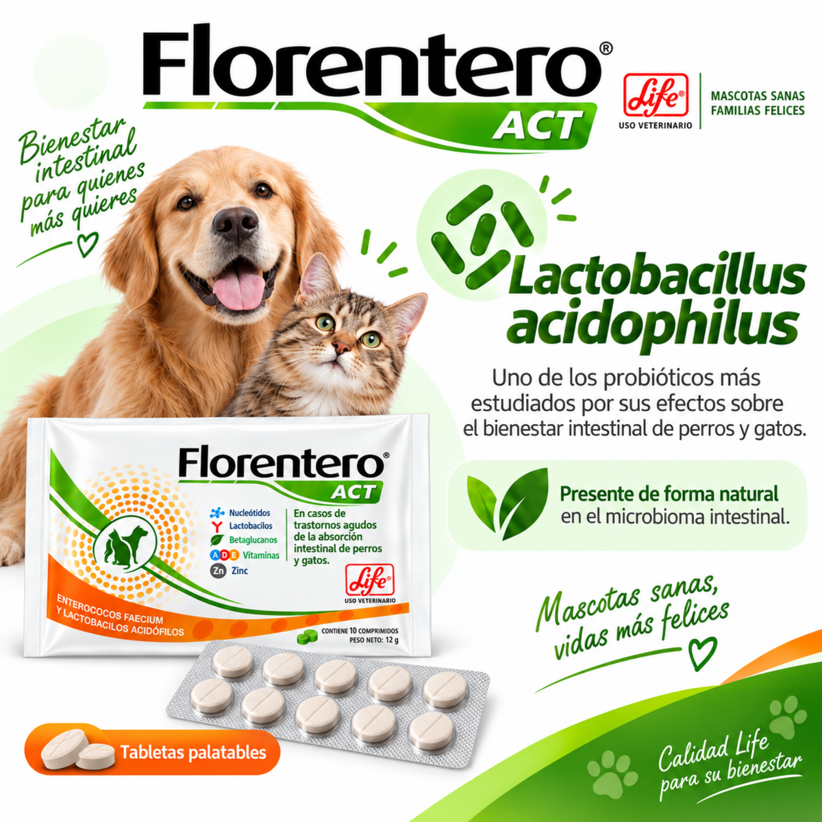 Florentero Probiótico y Prebiótico para Perros y Gatos | 10 Tabletas