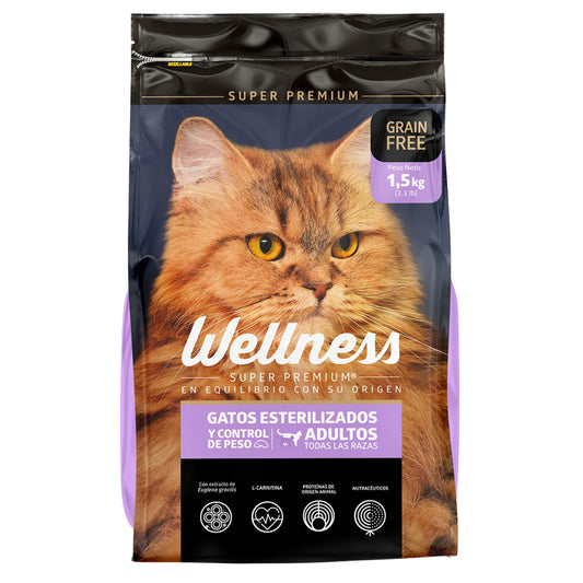 WELLNESS GATOS ESTERILIZADOS CONTROL DE PESO – Alimento Súper Premium para Gatos Adultos