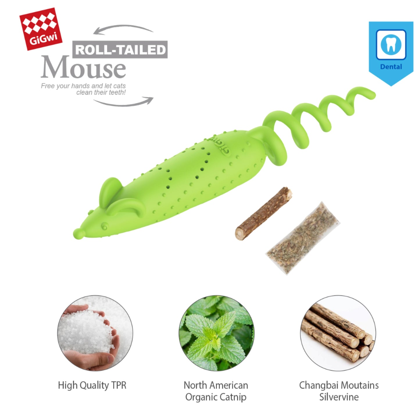 GiGwi Roll - Tailed Mouse – Juguete Interactivo Dental para Gatos con Catnip - Cosmos