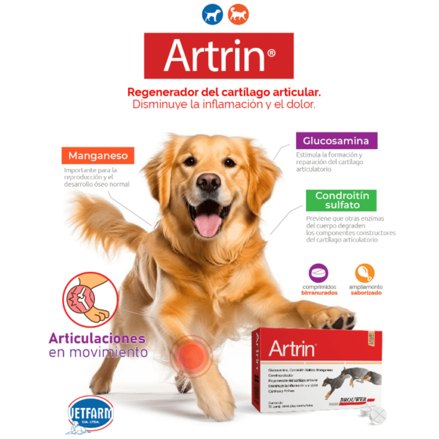 Artrin 30 Tabletas - Condroprotector para Perros y Gatos - Cosmos
