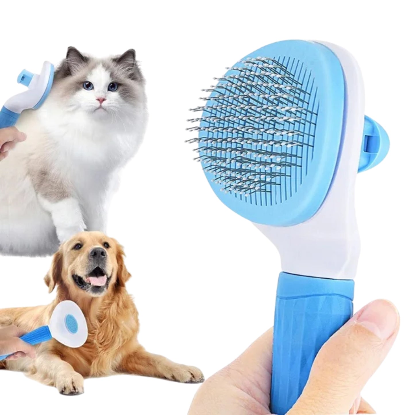Cepillo auto-limpiador para perros y gatos – con botón expulsor de pelo y mango ergonómico