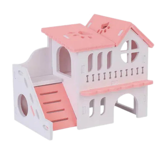 Casa de Madera de Dos Pisos para Hámsters y Roedores – Estilo Villa Rosada - COSMOS