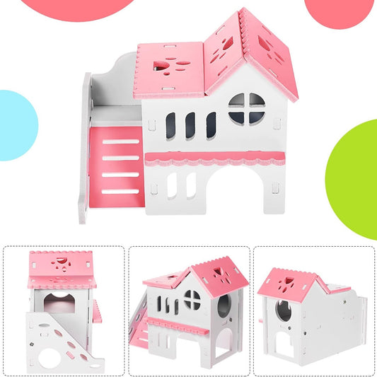 Casa de Madera de Dos Pisos para Hámsters y Roedores – Estilo Villa Rosada - COSMOS