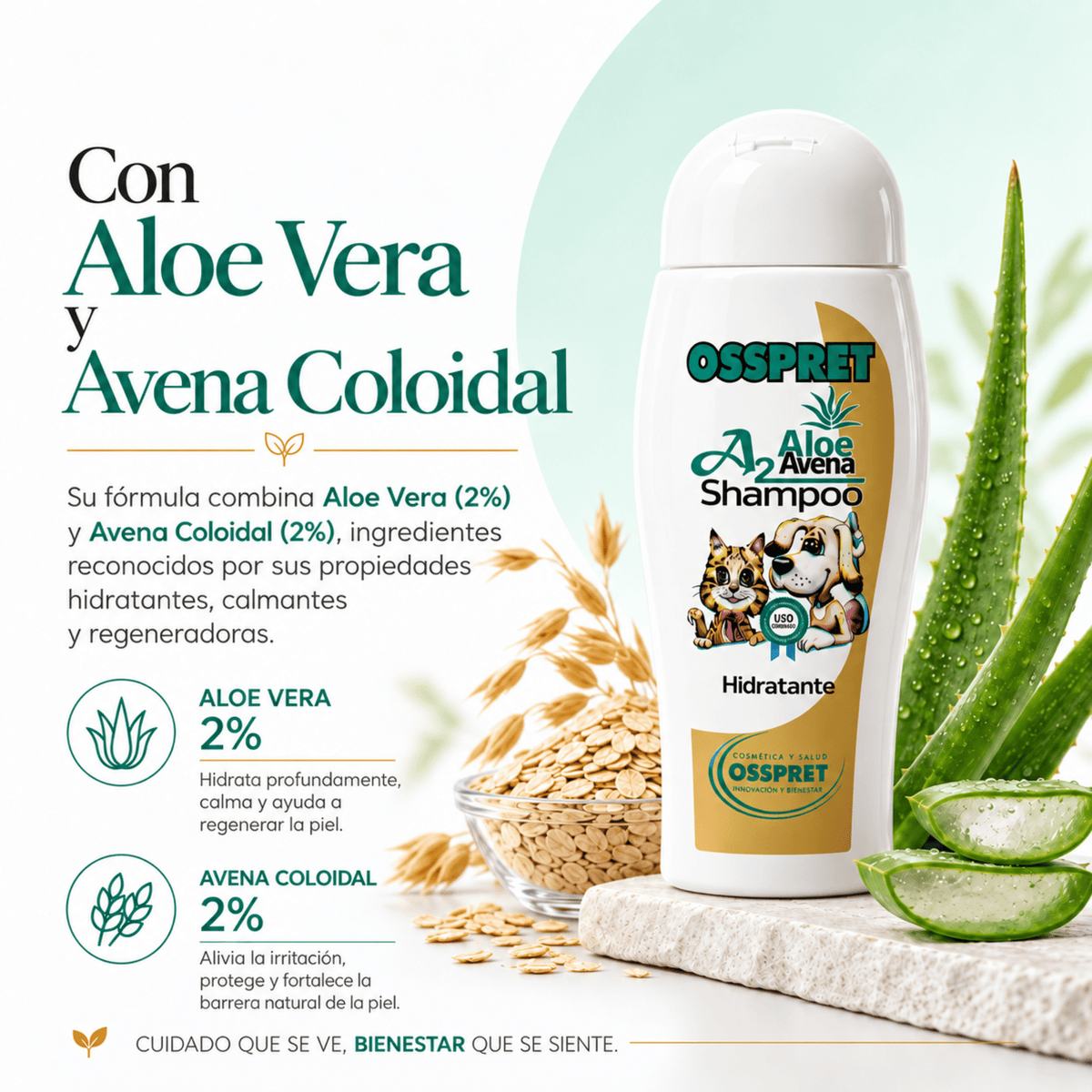 OSSPRET A2 Aloe Vera y Avena Shampoo 250 ml | Pieles Sensibles - Cosmos