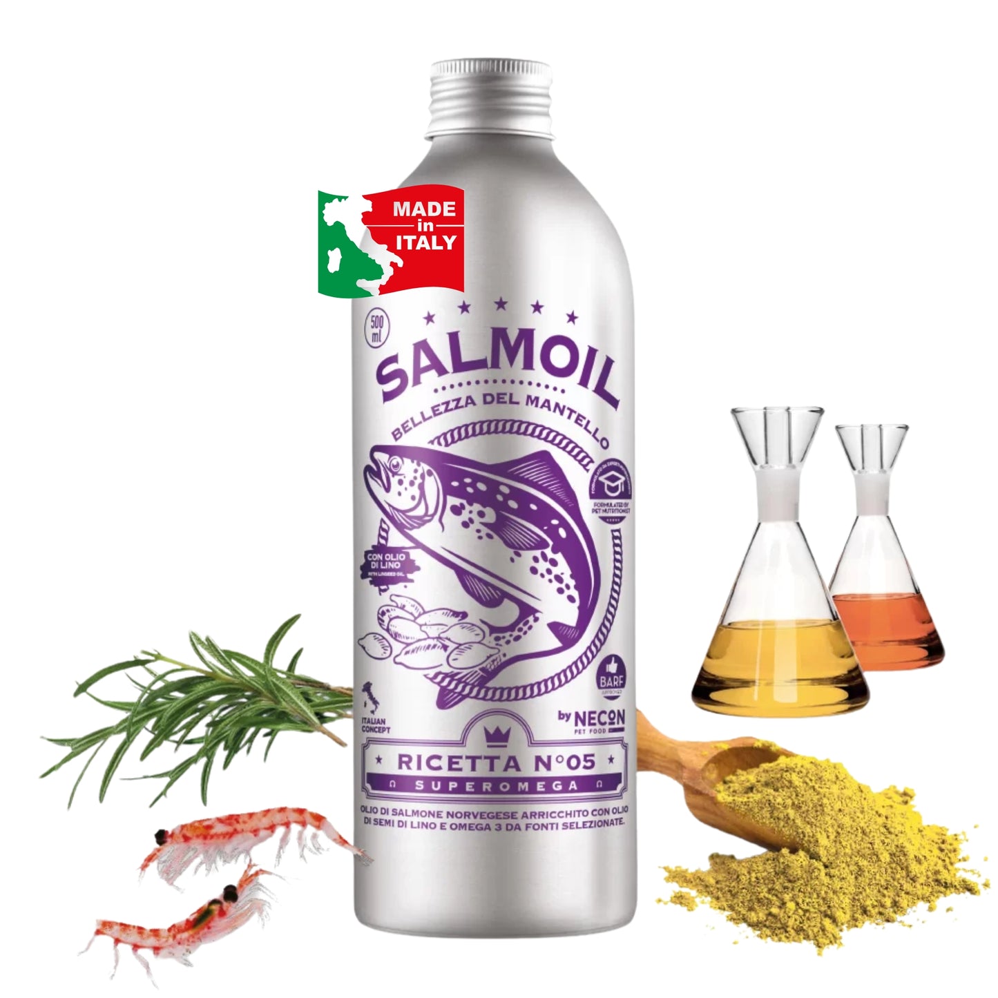 Aceite de Salmón Necon Salmoil Ricetta 5 Bellezza del Mantello – Suplemento de aceite de salmón para el pelaje y la piel
