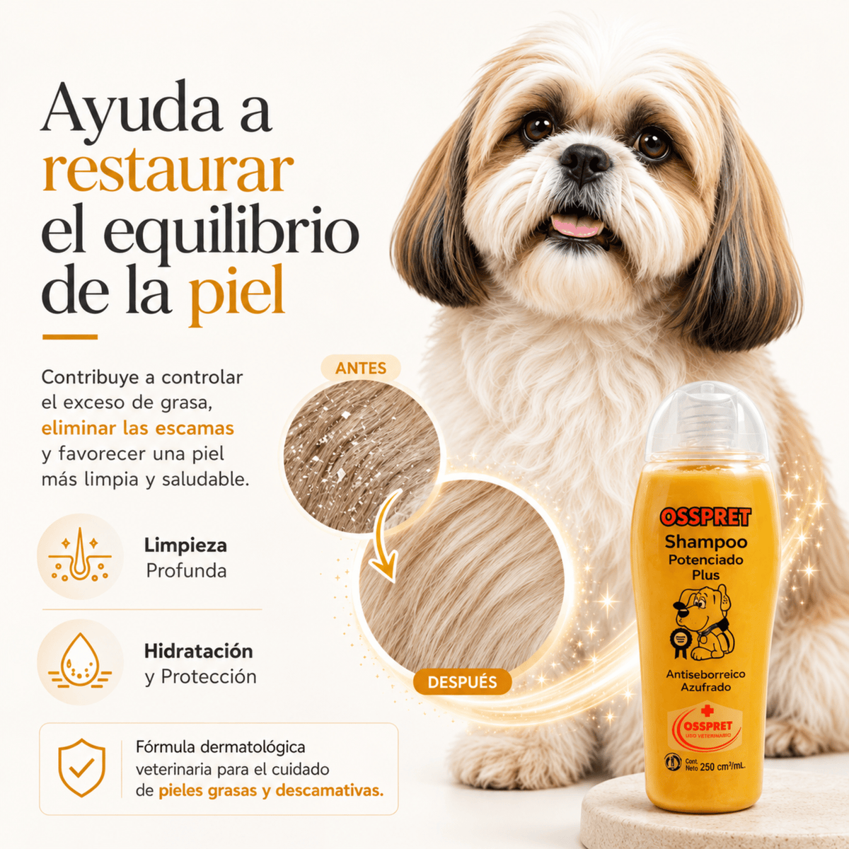 OSSPRET Shampoo Potenciado Plus 250 ml | Antiseborreico para Perros - Cosmos