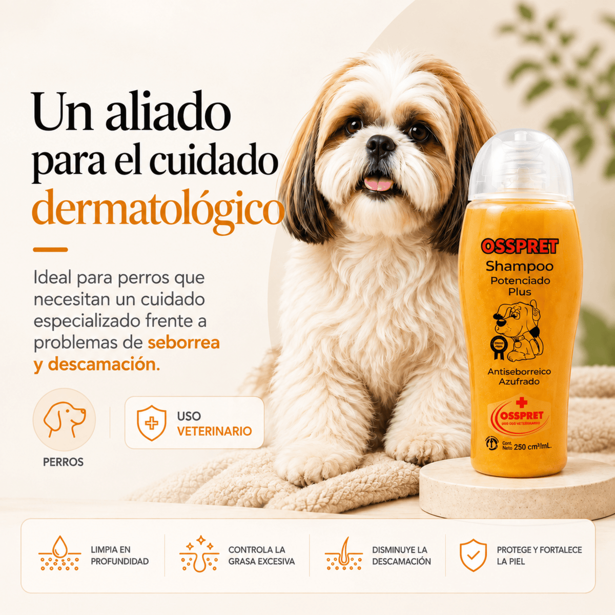 OSSPRET Shampoo Potenciado Plus 250 ml | Antiseborreico para Perros - Cosmos