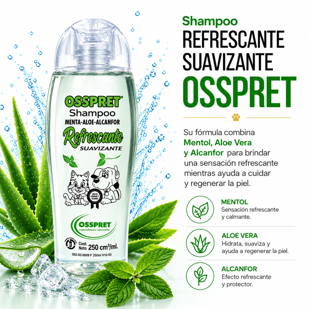 OSSPRET Shampoo Refrescante Suavizante 250 ml | Menta, Aloe y Alcanfor - Cosmos