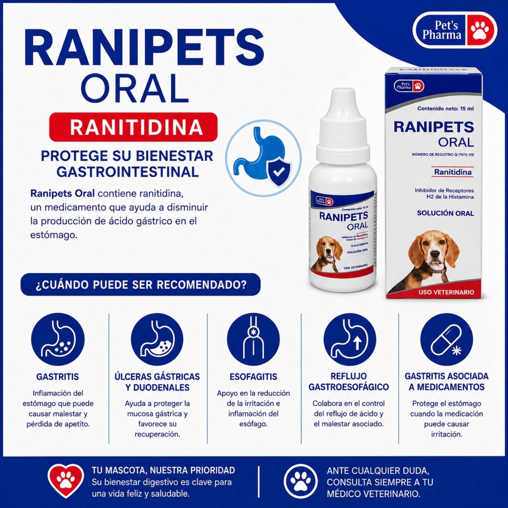 Ranipets Oral Ranitidina 15 mL – Protector Gástrico Perros y Gatos - Cosmos
