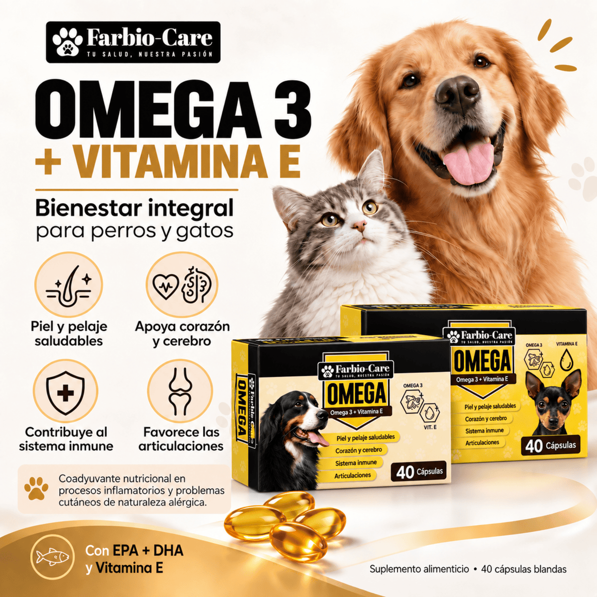 Farbio-Care Omega 3 + Vitamina E | Perros y Gatos - Cosmos