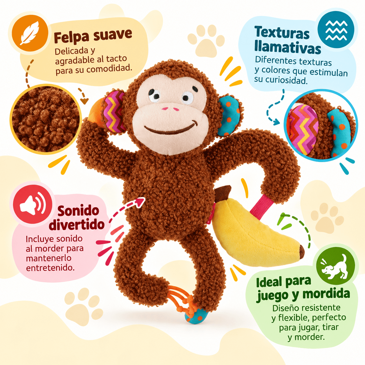 Juguete Mono de Peluche con Banana y Sonido para Perro GiGwi Plush Friendz - Cosmos