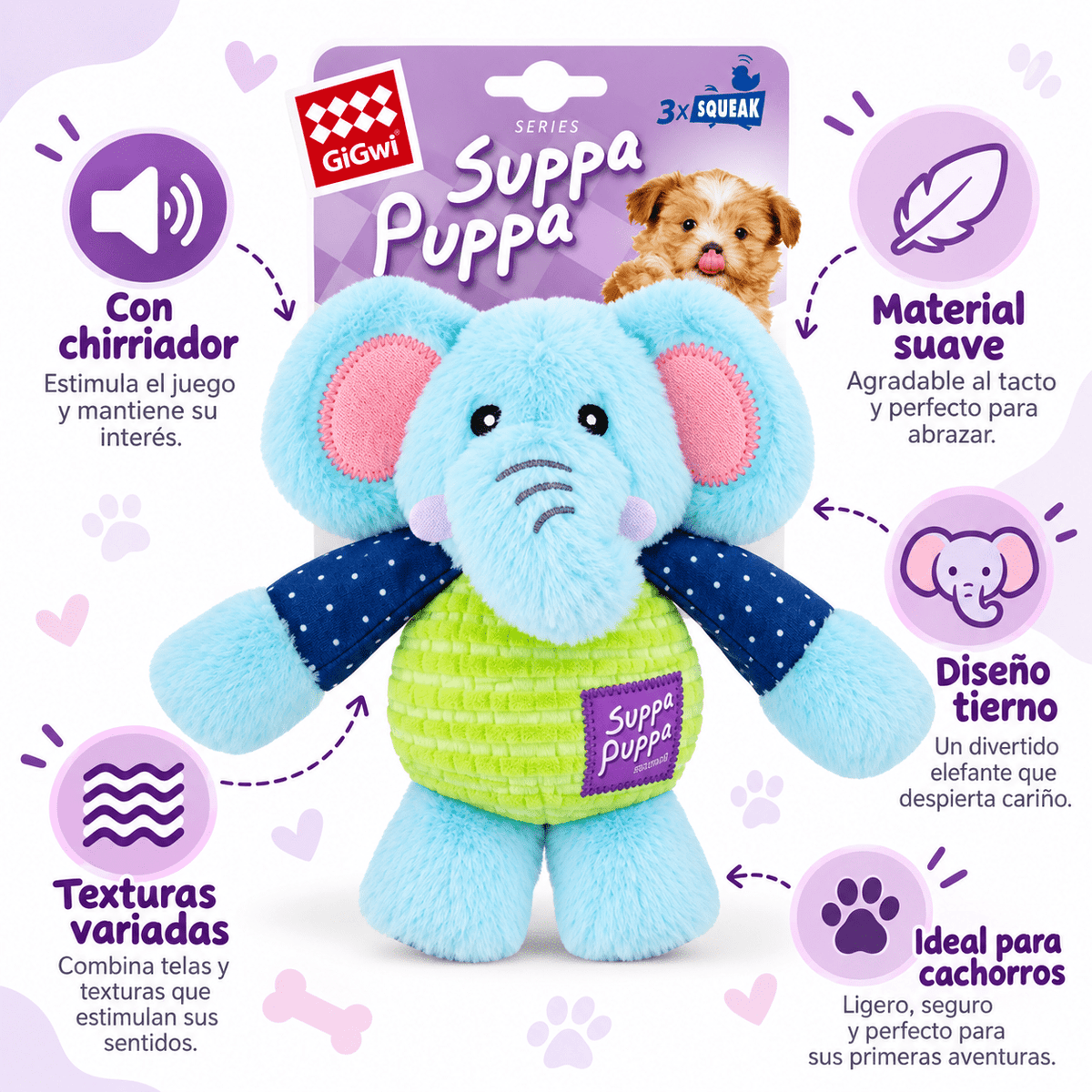 Juguete de Peluche Elefante con Sonido para Perro GiGwi Suppa Puppa - Cosmos