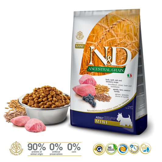 N&D Ancestral Grain Cordero Adult Mini 2.5 kg – Alimento Premium para Perros - Cosmos