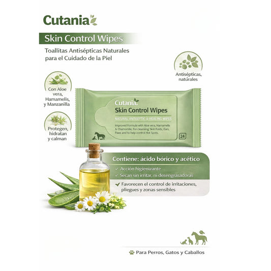 Vetnova Cutania Skin Control Wipes – Toallitas Antisépticas para Perros y Gatos (24 unidades) - Cosmos