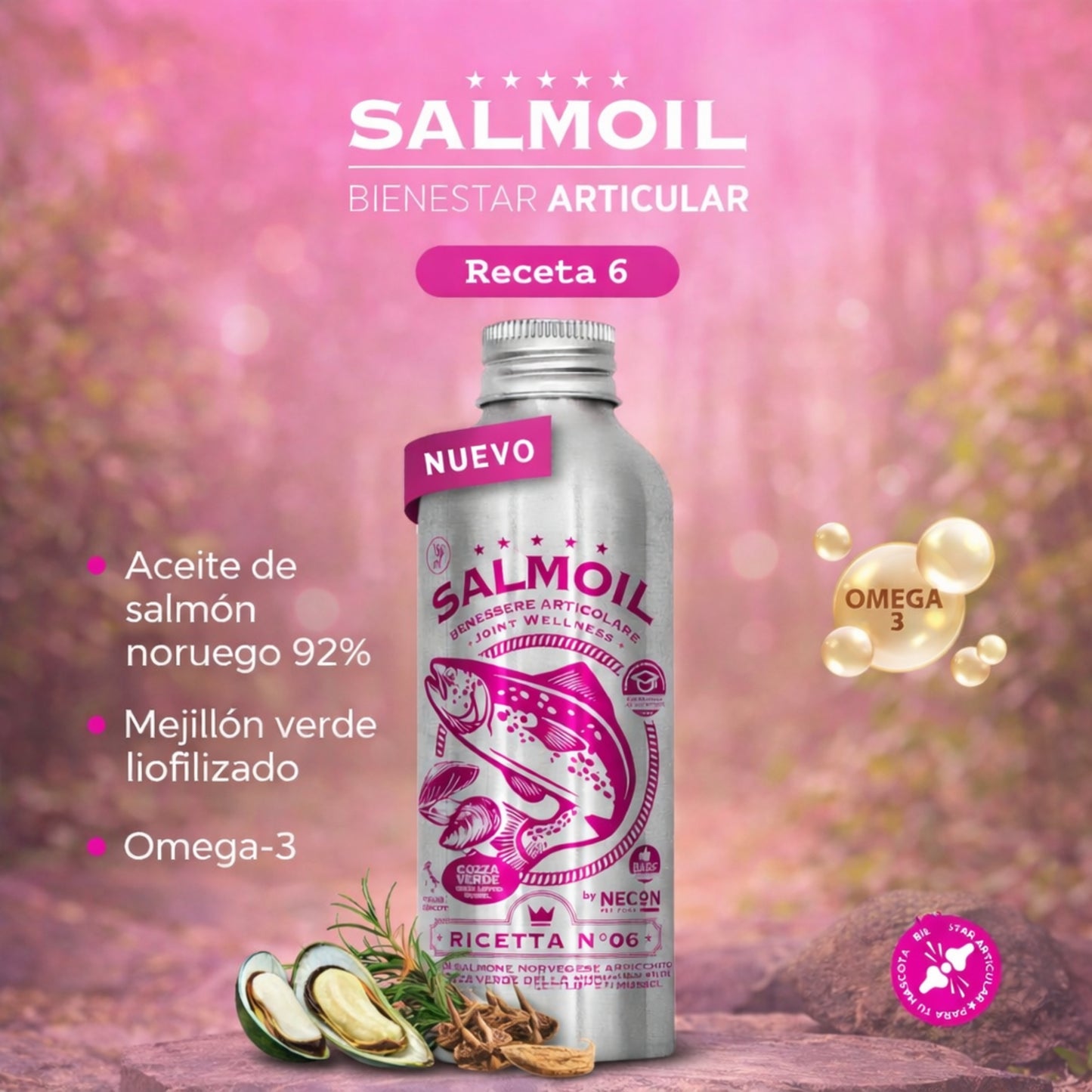 Aceite de Salmón Necon Salmoil Ricetta 6 Joint Wellness – Aceite de salmón para articulaciones de perros y gatos - Cosmos