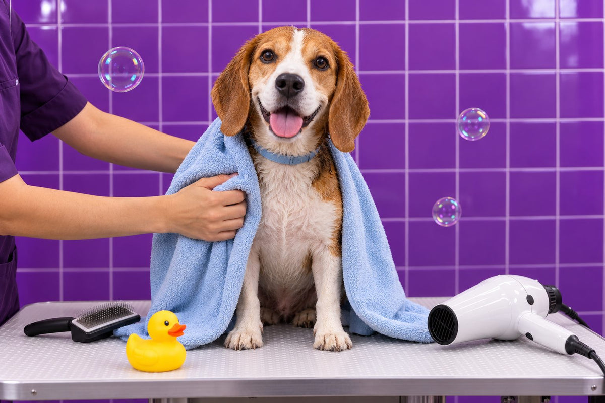 Beagle recién bañado envuelto en una toalla celeste sobre la mesa de peluquería